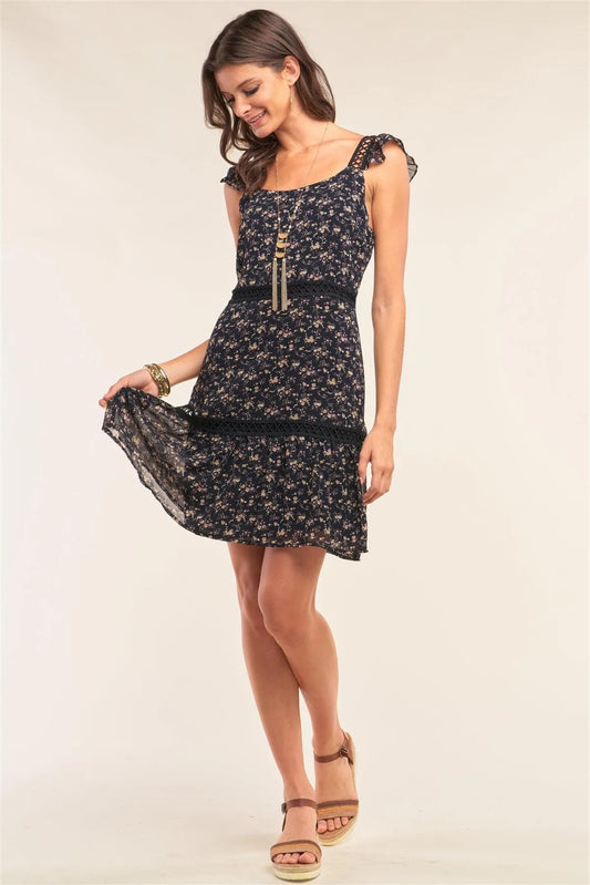 Summer Calling Black Floral Print Sleeveless Cut-Out Embroidery Detail Flare Mini Dress /2-2 - Tasha Apparel Wholesale