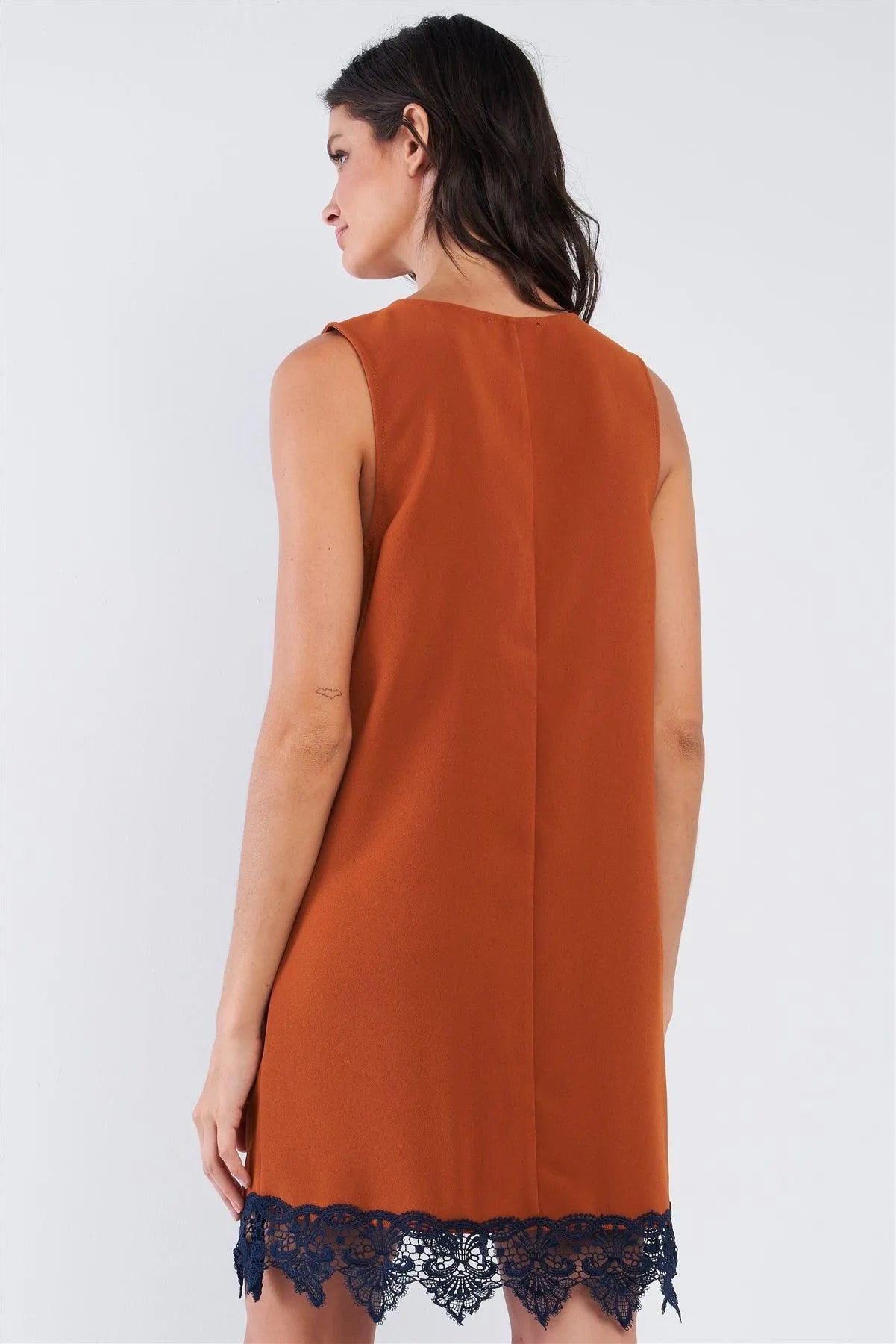 Light Brown Blue Crochet Bottom Hem Sleeveless Deep Plunge V-Neck Loose Fit Mini Dress /1-2-2-1 - Tasha Apparel Wholesale