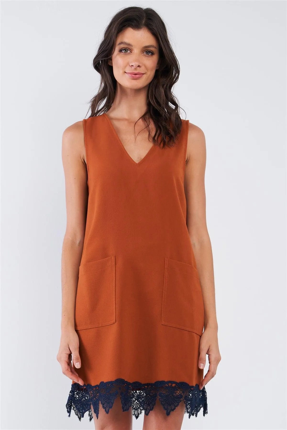 Light Brown Blue Crochet Bottom Hem Sleeveless Deep Plunge V-Neck Loose Fit Mini Dress /1-2-2-1 - Tasha Apparel Wholesale