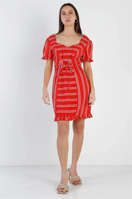 Red Stripe Lace Up Front Detail Ruffle Trim Balloon Sleeve Dress /1-3-2 - Tasha Apparel Wholesale