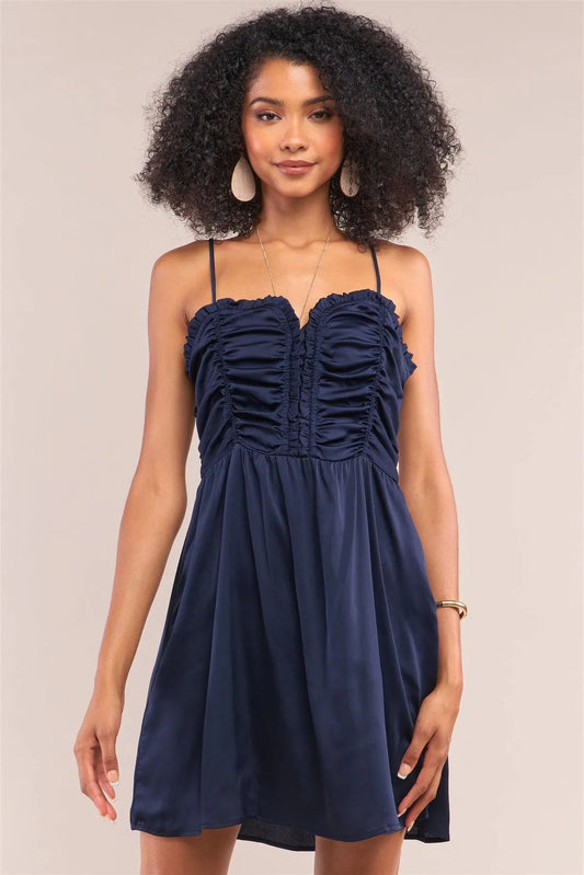 Midnight Blue Satin Sleeveless Gathered Frill Trim Detail Heart-Shaped Neck Mini Dress /1-2-2-1 - Tasha Apparel Wholesale