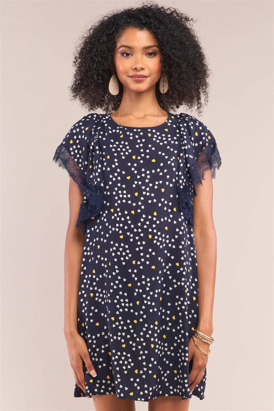 Queen Of Hearts Navy Heart Print Relaxed Fit Round Neck Lace Trim Detail Short Angel Wing Sleeve Mini Dress /1-2-2-1 - Tasha Apparel Wholesale