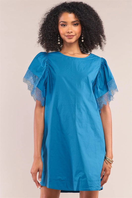 Celestial Blue Relax Fit Lace Hem Wing Sleeve Round Neck Mini Dress/1-2-2-1 - Tasha Apparel Wholesale