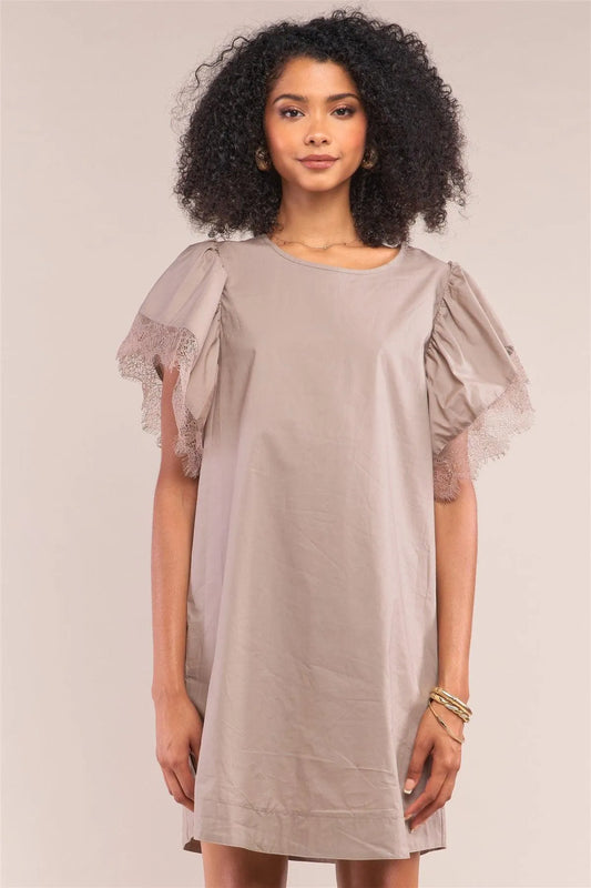 Taupe Relax Fit Lace Hem Wing Sleeve Round Neck Mini Dress/1-2-2-1 - Tasha Apparel Wholesale