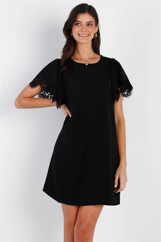 Black Relax Fit Lace Hem Wing Sleeve Round Neck Mini Dress /1-2-2-1 - Tasha Apparel Wholesale