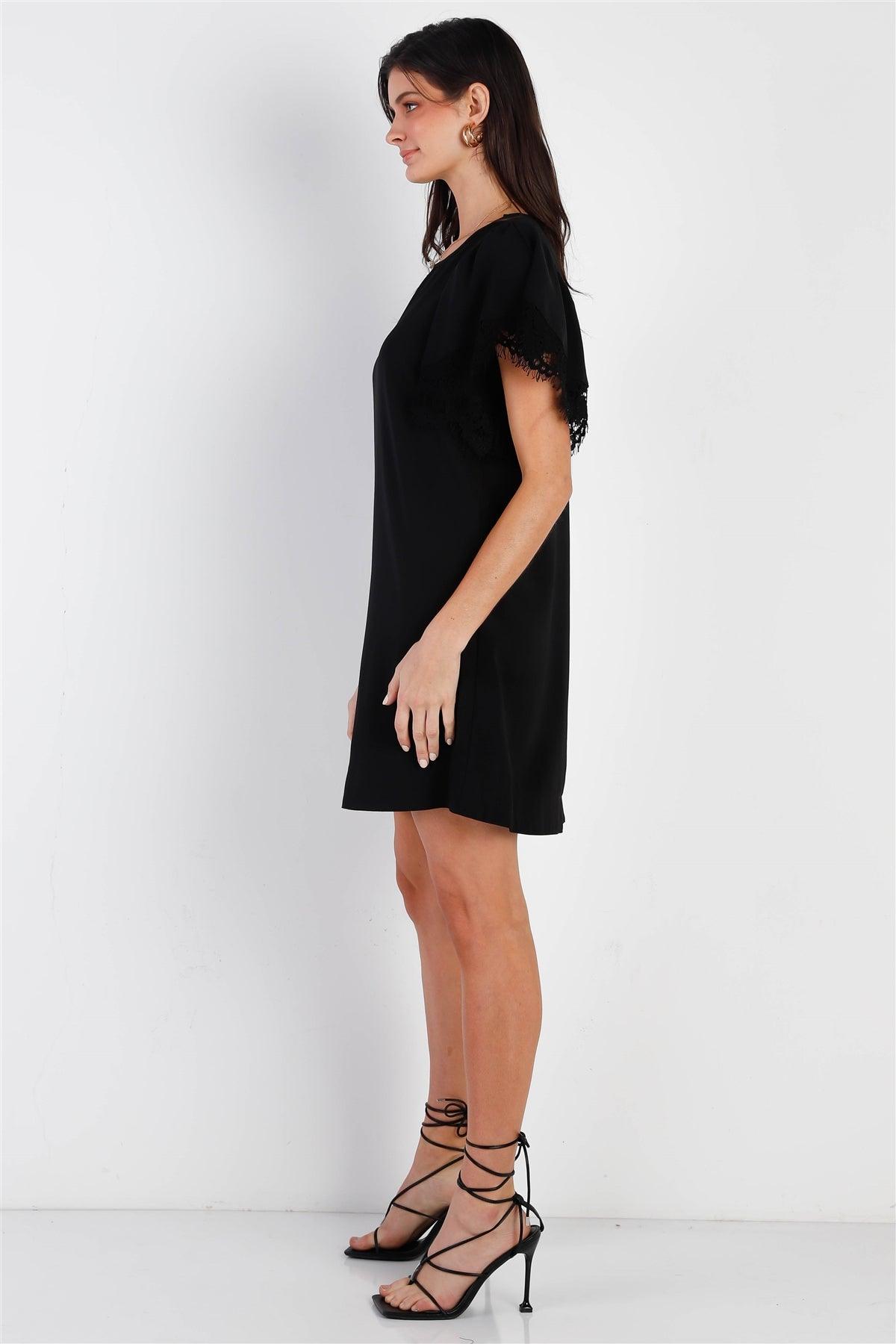 Black Relax Fit Lace Hem Wing Sleeve Round Neck Mini Dress /1-2-2-1