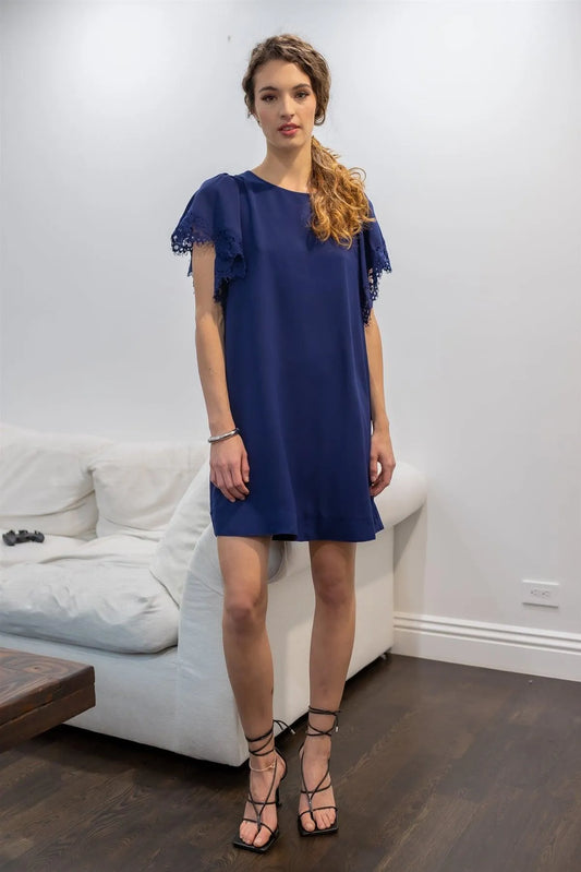 Navy Relax Fit Lace Hem Wing Sleeve Round Neck Mini Dress /2-2 - Tasha Apparel Wholesale