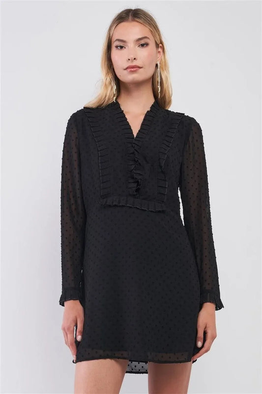 Black Swiss Fabric Long Sleeve Tie Front Pleated Front Detail Mini Dress - Tasha Apparel Wholesale