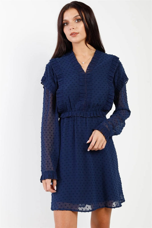 Navy Polka Dot Mesh V-Neck Ruffle Mini Dress /1-2-2-1 - Tasha Apparel Wholesale