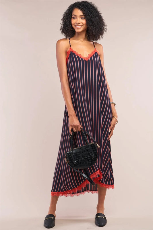 Navy Striped V-Neck Red Lace Trim Racerback Midi Slip Dress /1-2-2-1 - Tasha Apparel Wholesale