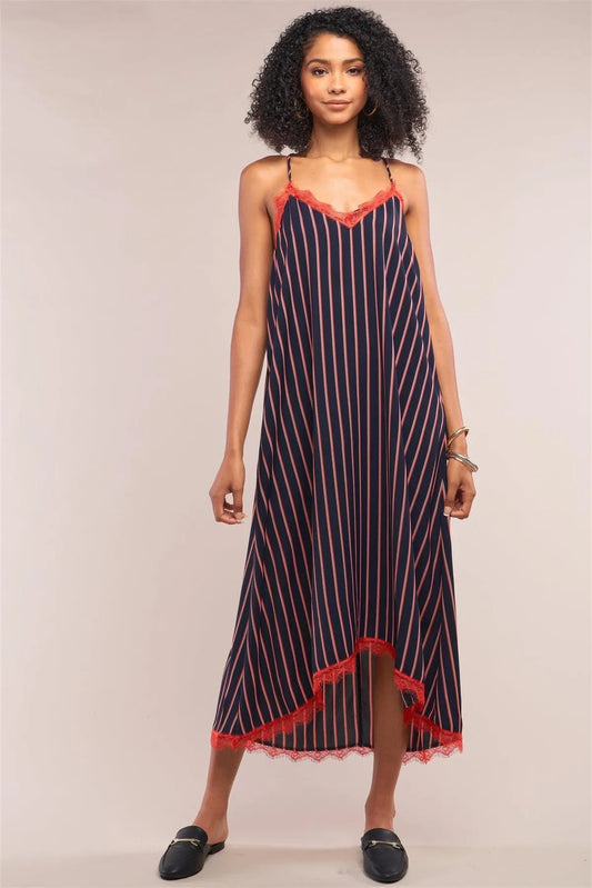 Navy Striped V-Neck Red Lace Trim Racerback Midi Slip Dress /1-2-3-1 - Tasha Apparel Wholesale