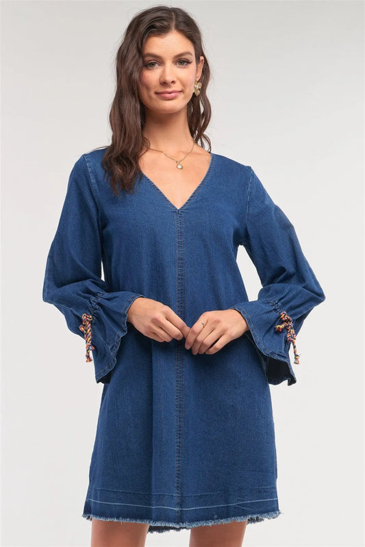 Dark Denim V-Neck Flare Hem Long Sleeve Multi Color Lace Detail Mini Dress /3-2 - Tasha Apparel Wholesale