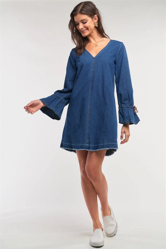 Dark Denim V-Neck Flare Hem Long Sleeve Multi Color Lace Detail Mini Dress /1-3-2 - Tasha Apparel Wholesale