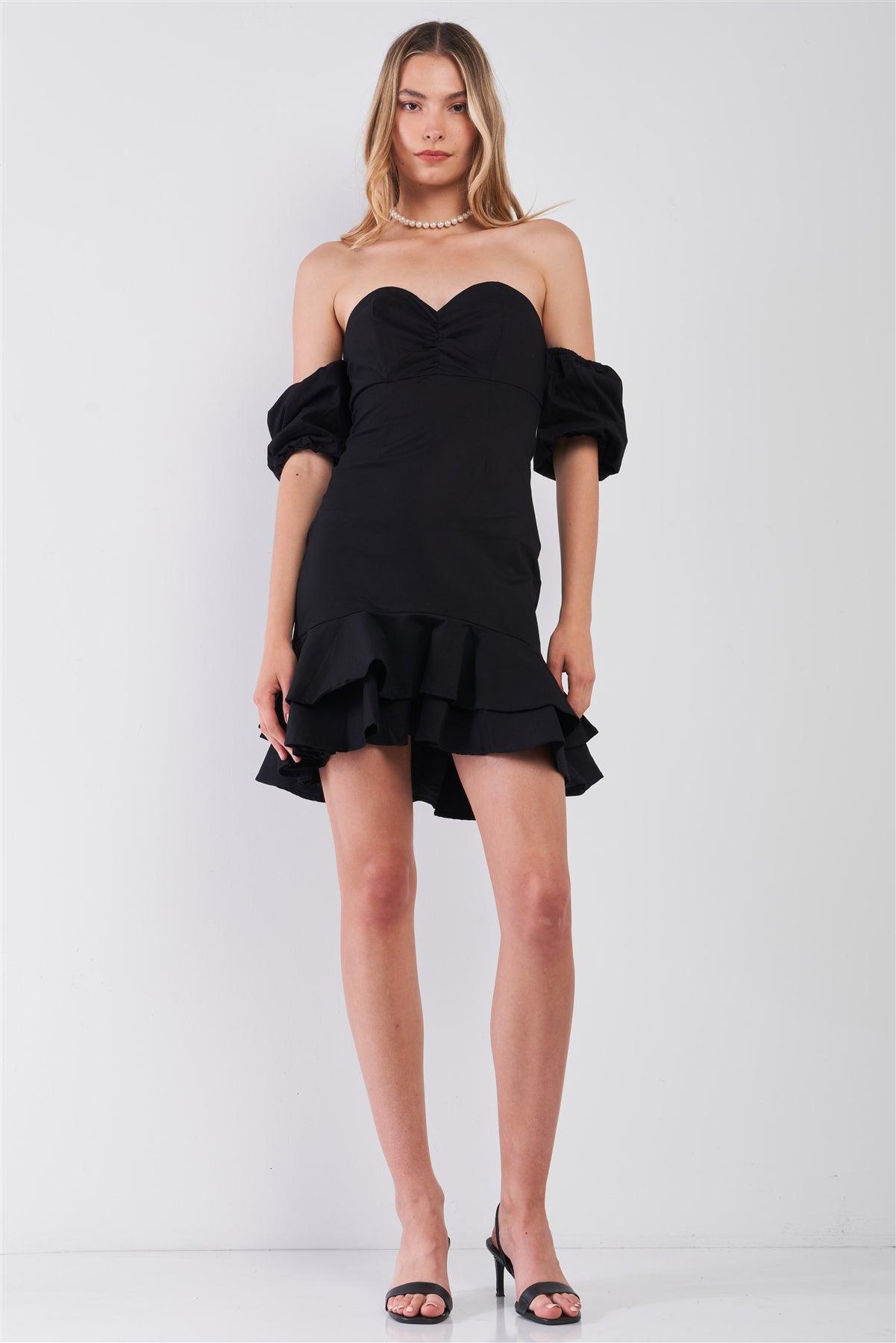 Black Sweetheart Neck Off-The-Shoulder Fitted Layered Flare Mini Dress /1-2-2-1