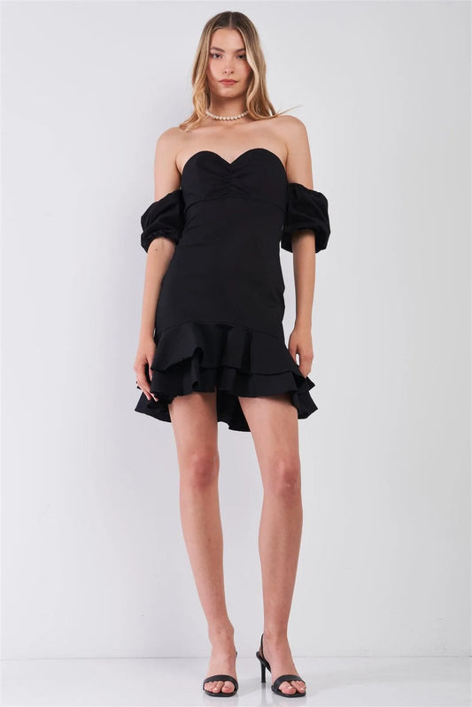 Black Sweetheart Neck Off-The-Shoulder Fitted Layered Flare Mini Dress /1-2-2-1 - Tasha Apparel Wholesale