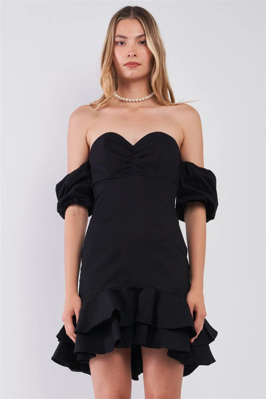 Black Sweetheart Neck Off-The-Shoulder Fitted Layered Flare Mini Dress /2-2-2 - Tasha Apparel Wholesale