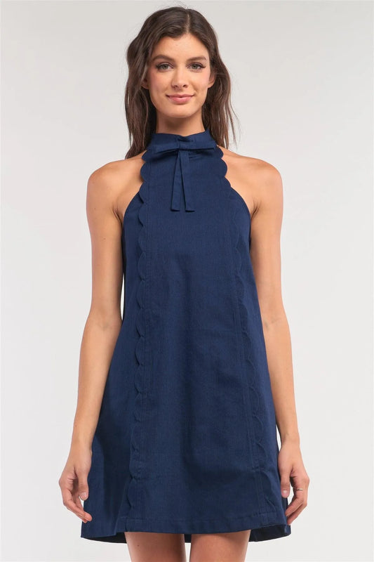 Navy Sleeveless Bow Halter Neck Scallop Hem Detail Denim Mini Dress /1-2-1 - Tasha Apparel Wholesale