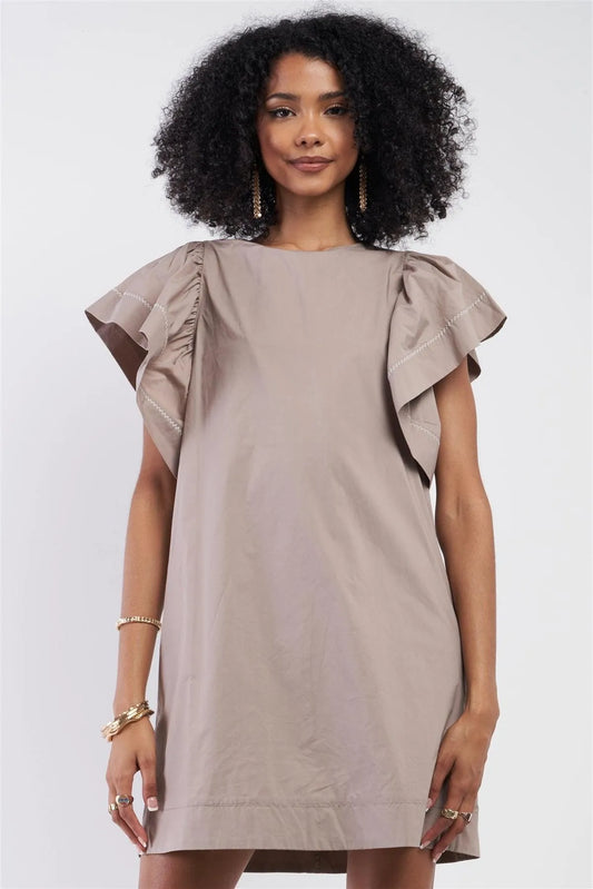 Mocha Relax Fit White Stitch Wing Sleeve Round Neck Mini Dress /1-2-2-1 - Tasha Apparel Wholesale