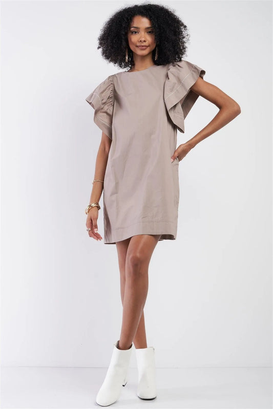 Mocha Relax Fit White Stitch Wing Sleeve Round Neck Mini Dress /3-3 - Tasha Apparel Wholesale