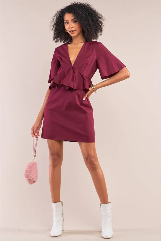Wine V-Neck Ruffle Midi Angel Sleeve Mini Dress/ 1-2-2-1 - Tasha Apparel Wholesale