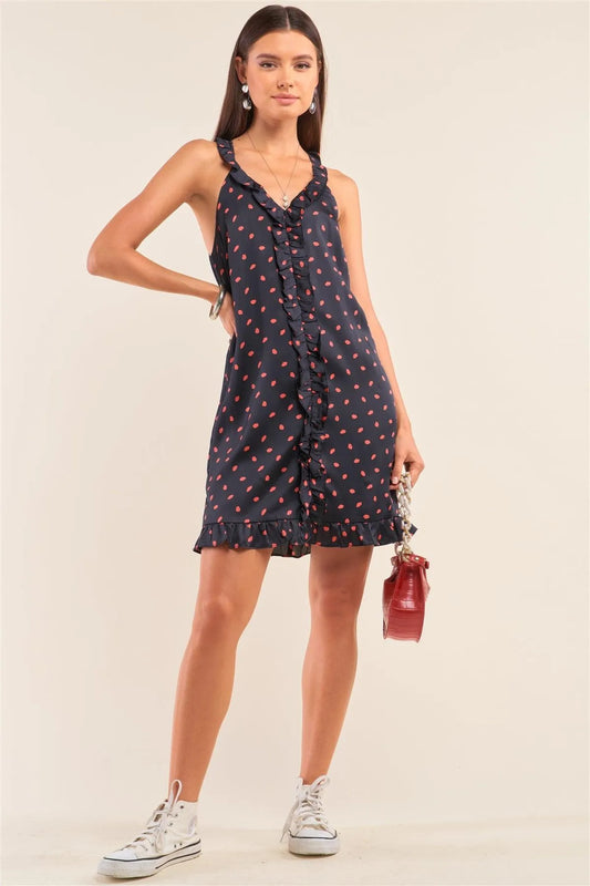 Kiss Away Black Satin Sleeveless V-Neck Lip Print Ruffle Detail Razor Back Mini Dress /2-3-1-1 - Tasha Apparel Wholesale