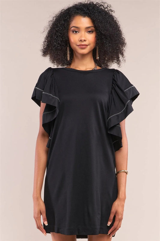 Black Loose Fit White Stitched Wing Sleeve Mini Dress /1-2-2-1 - Tasha Apparel Wholesale