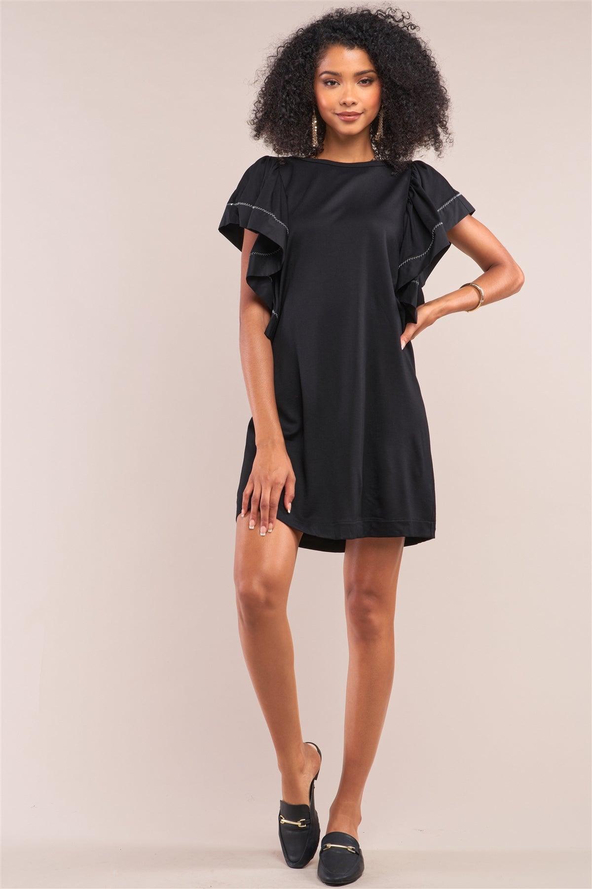 Black Loose Fit White Stitched Wing Sleeve Mini  Dress /1-2-2-1