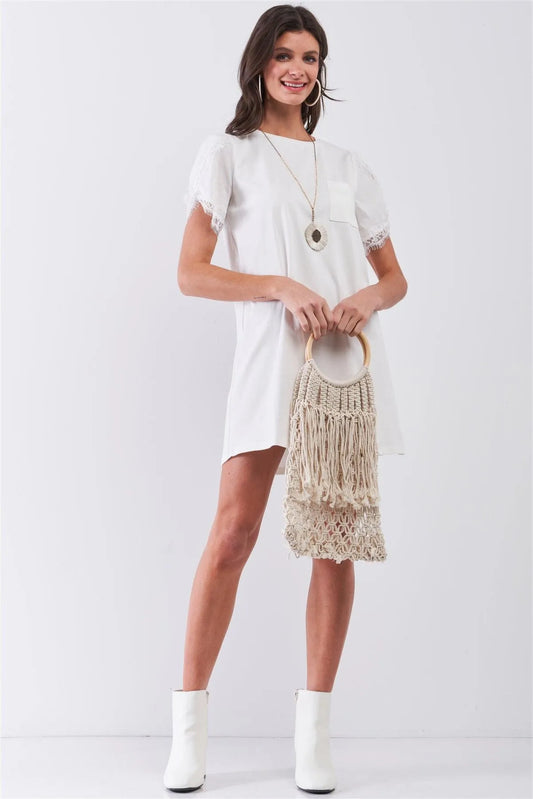 White Short Lace Hem Sleeve Round Neck Chest Pocket Detail Tunic Shirt Mini Dress /1-3-1 - Tasha Apparel Wholesale