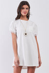 White Short Lace Hem Sleeve Round Neck Chest Pocket Detail Tunic Shirt Mini Dress /1-2-2-1