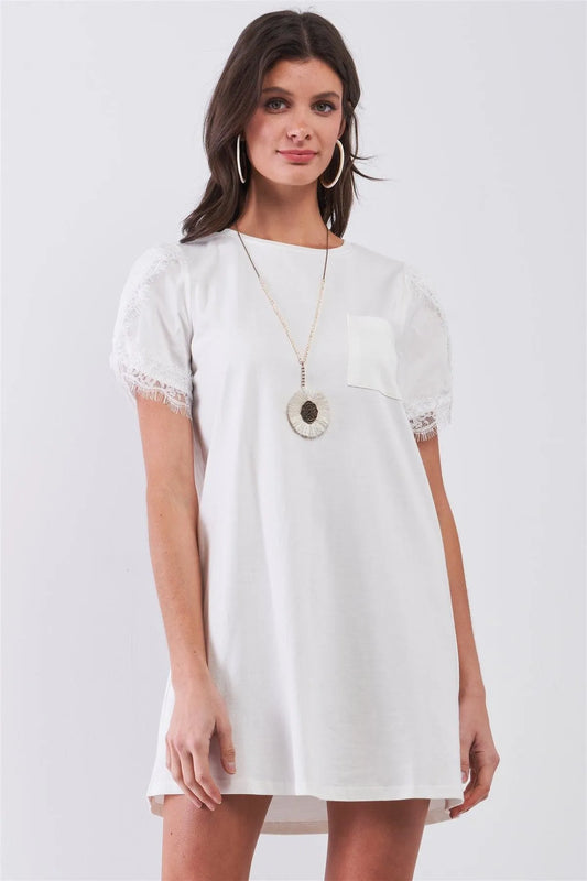 White Short Lace Hem Sleeve Round Neck Chest Pocket Detail Tunic Shirt Mini Dress /1-2-2-1 - Tasha Apparel Wholesale