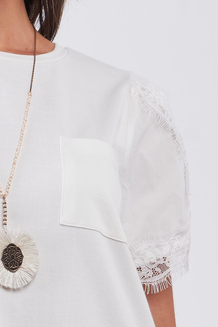 White Short Lace Hem Sleeve Round Neck Chest Pocket Detail Tunic Shirt Mini Dress /1-2-2-1