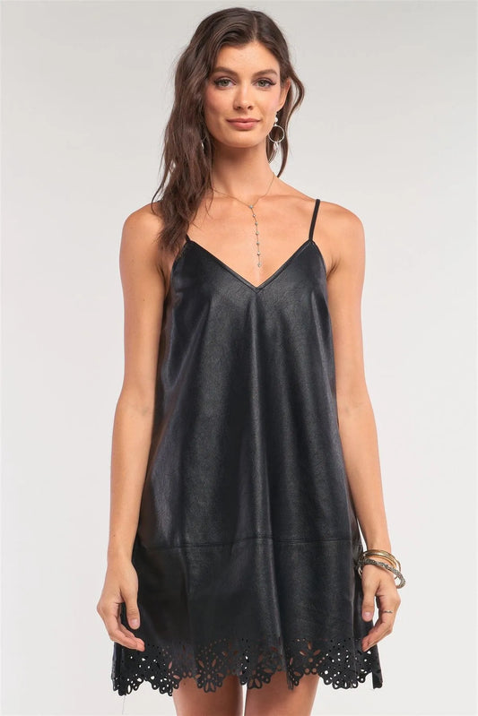 Black Vegan Leather V-Neck Stitch Detail Laser Cut Out Flounce Mini Dress /1-2-2-1 - Tasha Apparel Wholesale