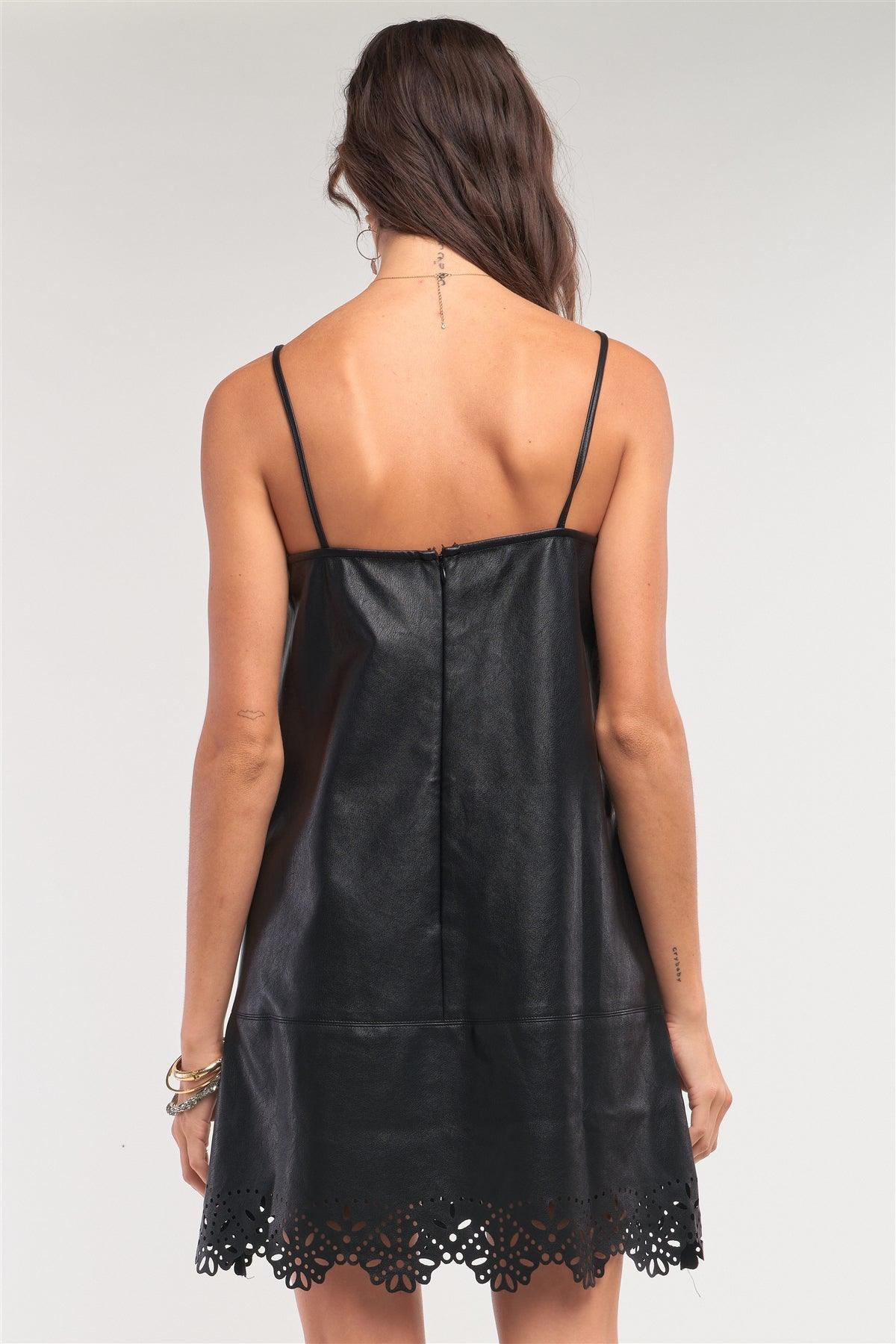 Black Vegan Leather V-Neck Stitch Detail Laser Cut Out Flounce Mini Dress /1-2-2-1