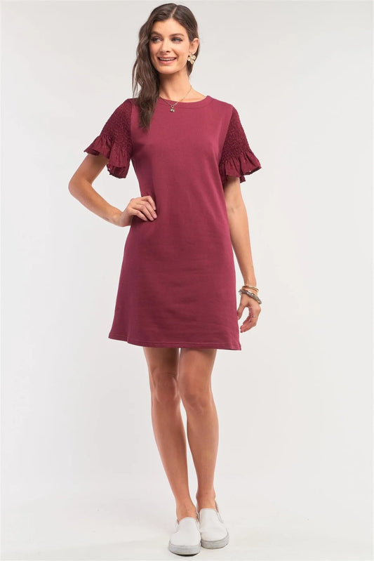 Burgundy Round Neck Smock Short Sleeve Mesh Frill Detail Tunic Mini Dress /1-2-2 - Tasha Apparel Wholesale