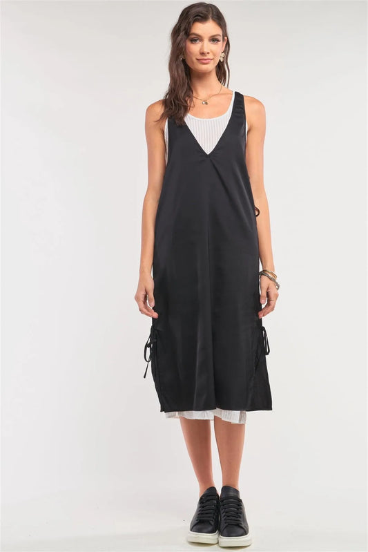 Black&White Satin Sleeveless Two-In-One Striped Mesh Self-Tie Detail Slip Midi Dress /1-2-2-1 - Tasha Apparel Wholesale