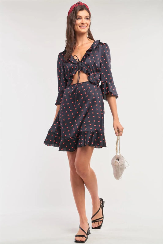 Black Satin Red Lips Print Flare Hem V-Neck 3/4 Sleeve Self-Tie Front Cut Out Detail Mini Dress /1-2-2-1 - Tasha Apparel Wholesale