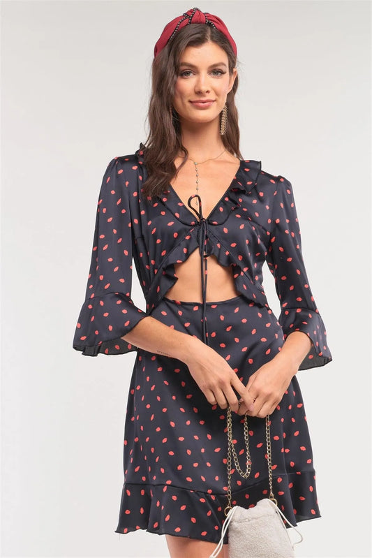 Black Satin Red Lips Print Flare Hem V-Neck 3/4 Sleeve Self-Tie Front Cut Out Detail Mini Dress /3-3 - Tasha Apparel Wholesale