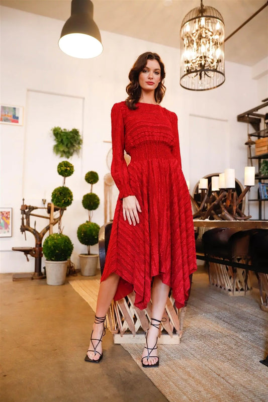 Burgundy Striped Textured Smocked Waist Uneven Hem Midi Dress /1-2-1 - Tasha Apparel Wholesale