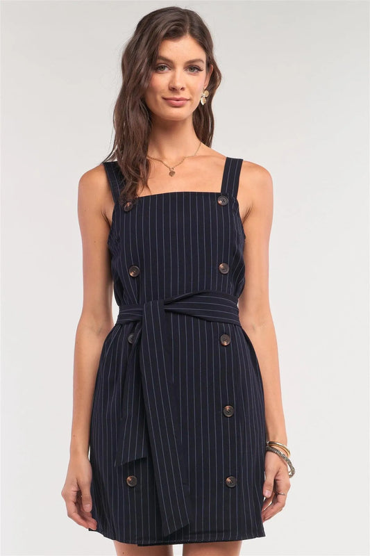 Navy Pinstriped Sleeveless Square Neck Double Breasted Self-Tie Belt Detail Fitted Mini Dress /1-2-2-1 - Tasha Apparel Wholesale