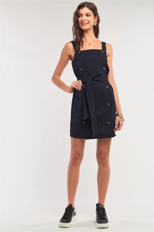 Navy Pinstriped Sleeveless Square Neck Double Breasted Self-Tie Belt Detail Fitted Mini Dress /3-3 - Tasha Apparel Wholesale