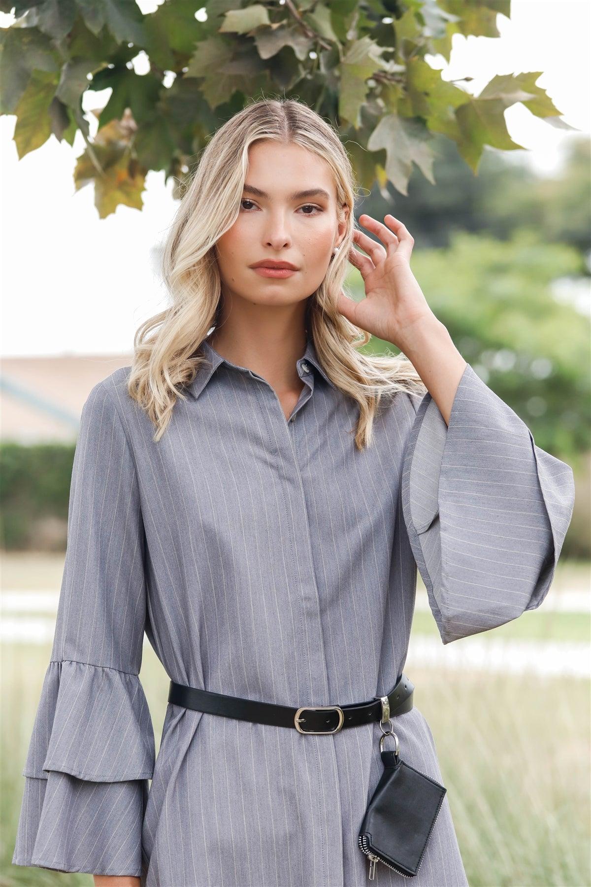 Grey Pinstriped Relaxed Button Down Long Flare Sleeve Shirt Mini Dress /1-2-2-1
