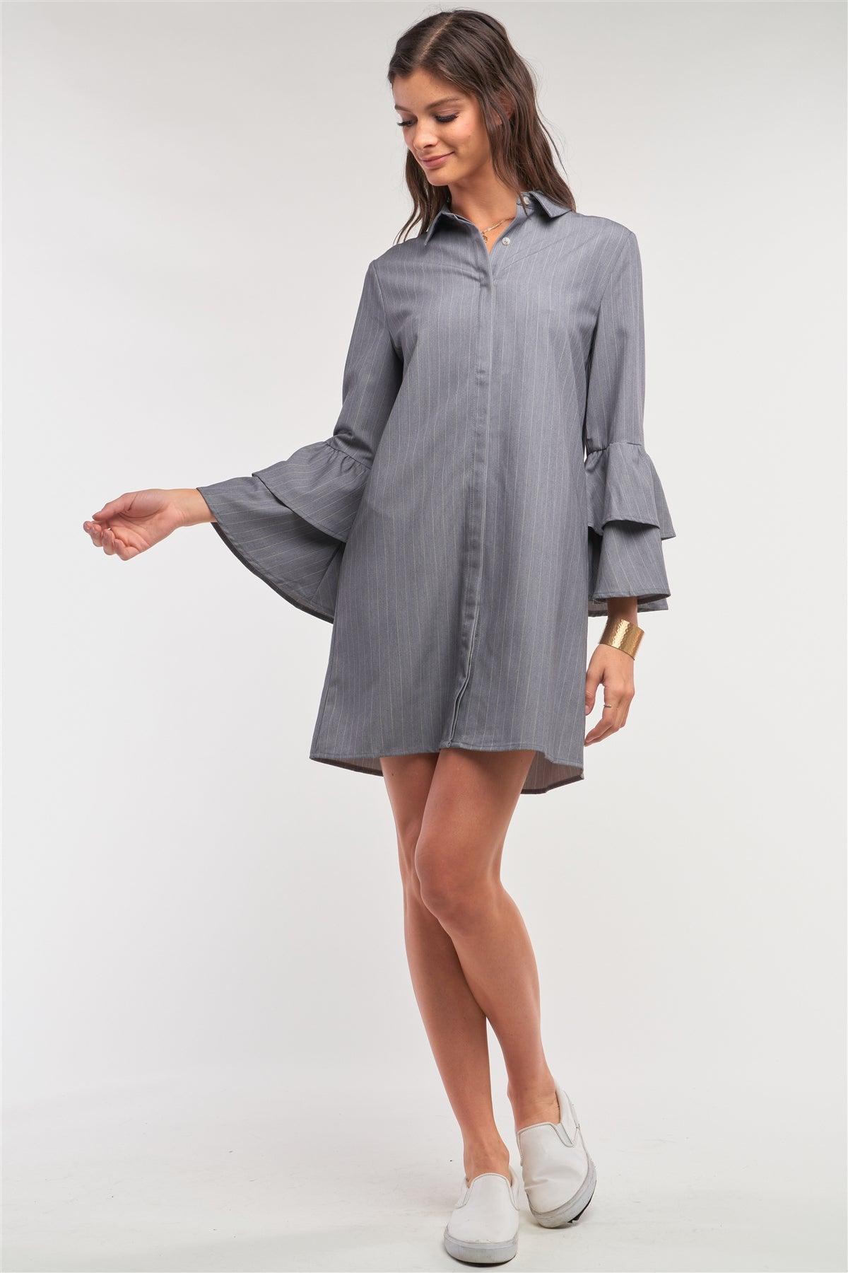 Grey Pinstriped Relaxed Button Down Long Flare Sleeve Shirt Mini Dress /1-2-2-1