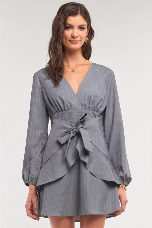 Grey Pinstriped V-Neck Long Balloon Puff Sleeve Corset Inspired Wrap Self-Tie Waist Detail Shirt Mini Dress /1-2-2-1 - Tasha Apparel Wholesale