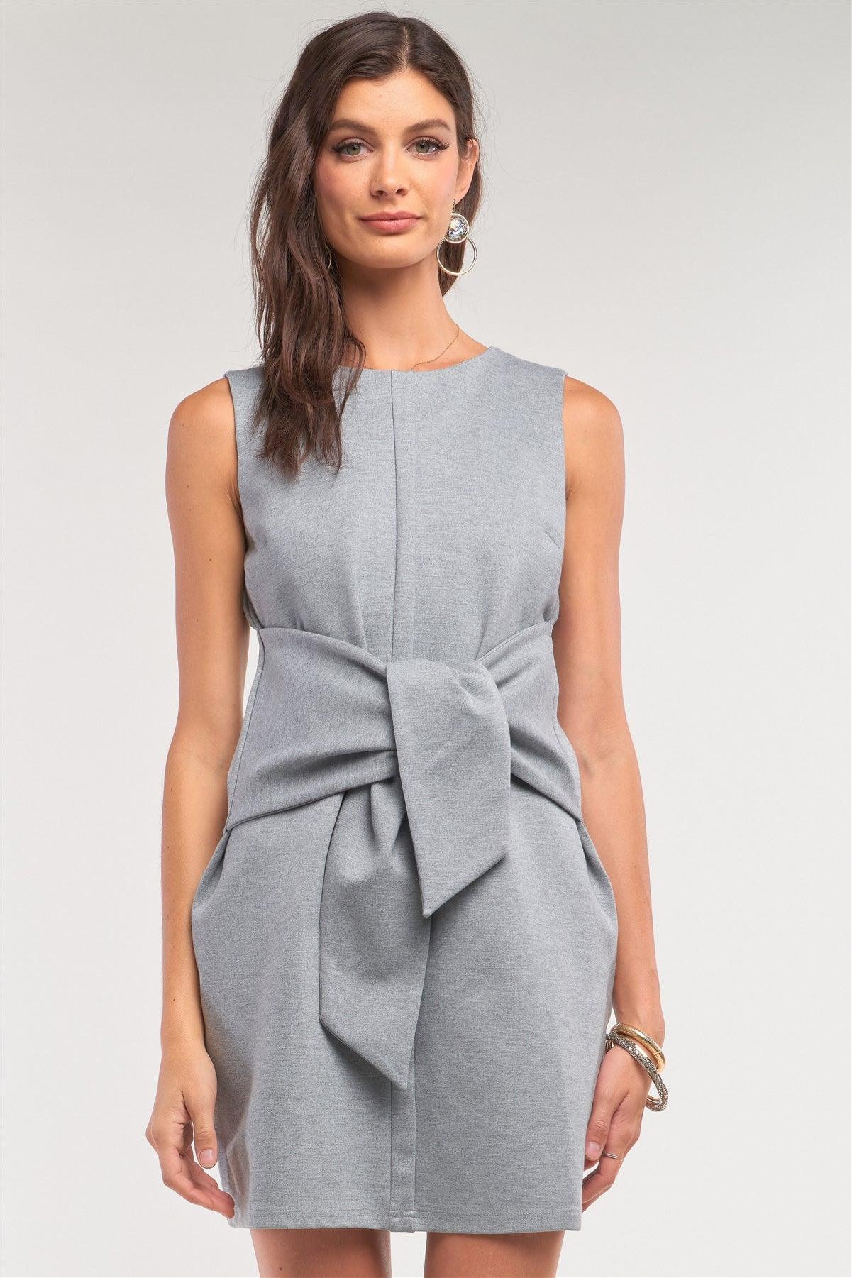 Heather Grey Sleeveless Round Neck Self-Tie Front Detail Fitted Mini Dress /1-2-2-1