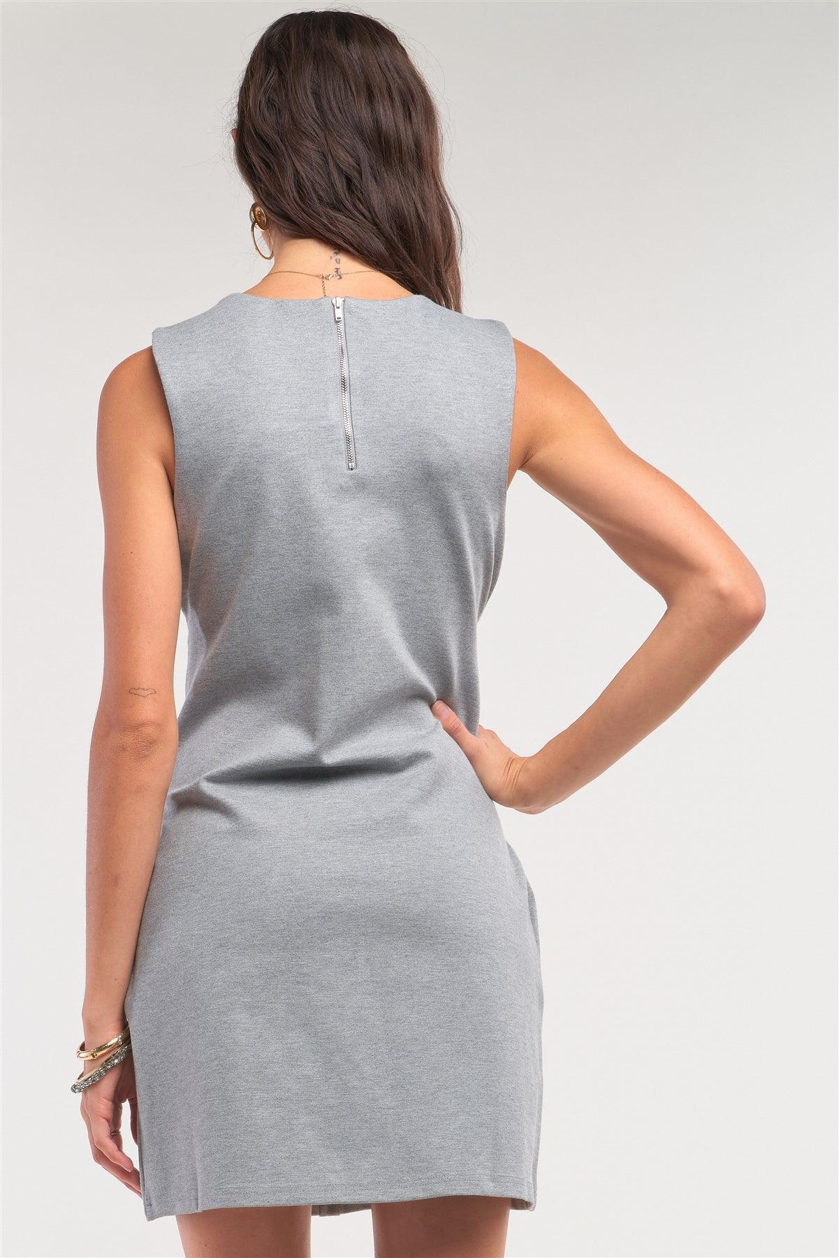 Heather Grey Sleeveless Round Neck Self-Tie Front Detail Fitted Mini Dress /1-2-2-1