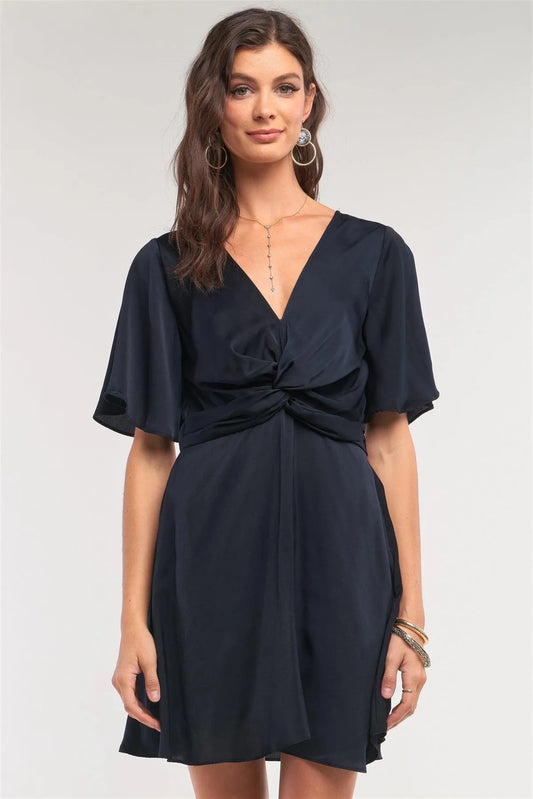 Jade Black Satin Plunging Neckline Gathered Twist Detail Front Angel Sleeve Mini Dress /1-2-2-1 - Tasha Apparel Wholesale