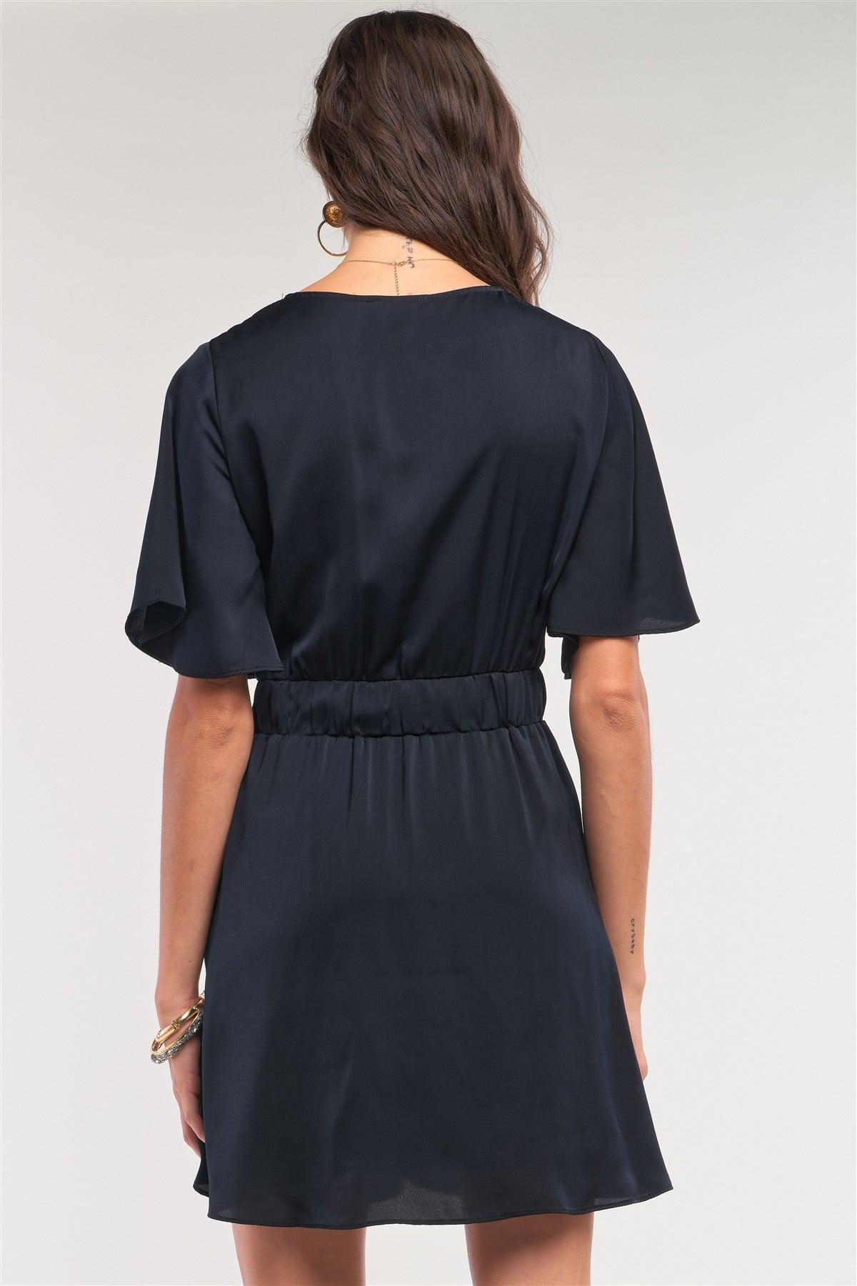 Jade Black Satin Plunging Neckline Gathered Twist Detail Front Angel Sleeve Mini Dress /1-2-2-1