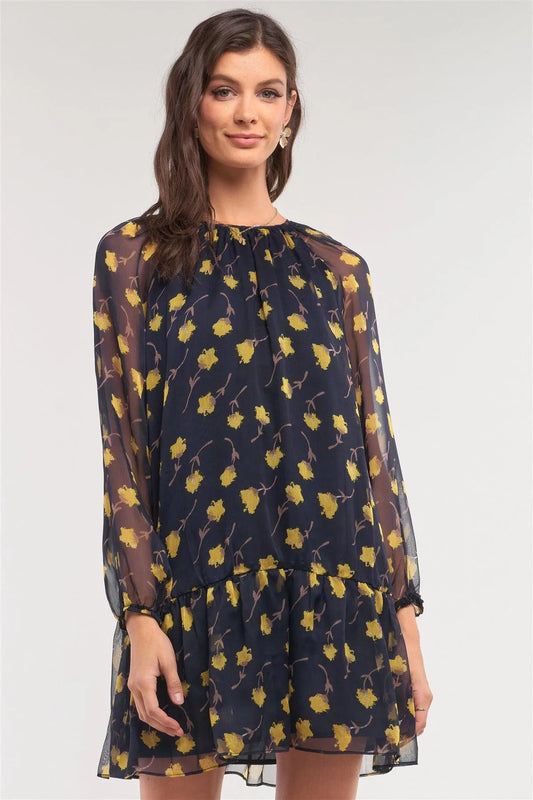 Navy Yellow Flower Print Relaxed Fit Mesh Flare Hem Crew Neck Long Balloon Sleeve Mini Dress/2-1-2 - Tasha Apparel Wholesale