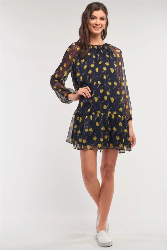 Navy Yellow Flower Print Relaxed Fit Mesh Flare Hem Crew Neck Long Balloon Sleeve Mini Dress - Tasha Apparel Wholesale