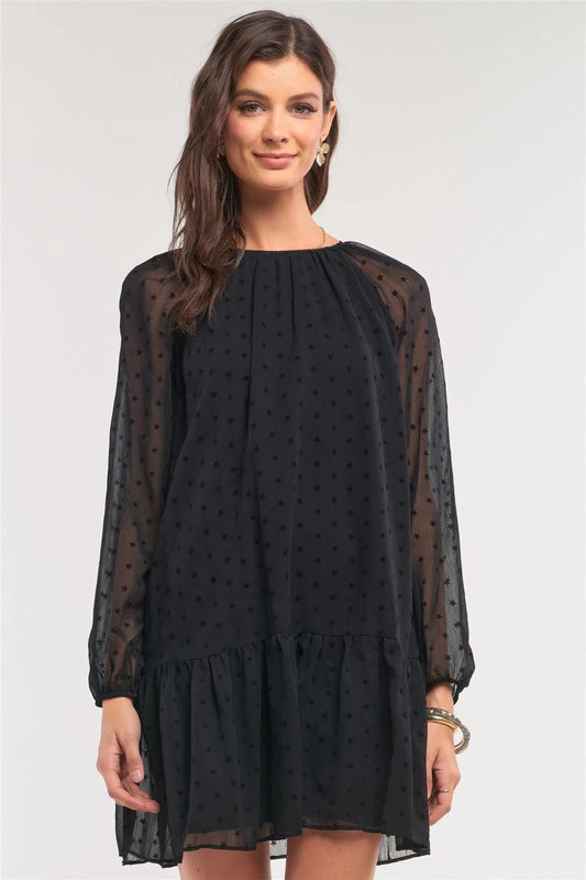 Black Relaxed Fit Mesh Star Brand Flare Hem Crew Neck Long Balloon Sleeve Mini Dress/1-3-2-1 - Tasha Apparel Wholesale